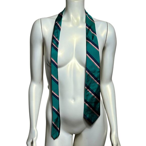 Vintage Christian Dior Teal Blue Pink Striped All Silk Neck Tie Made in USA - Picture 7 of 10